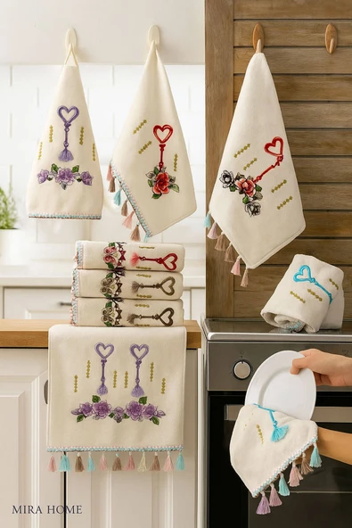 6 lı Kalp Çiçek Nakışlı Mutfak Havlusu Püsküllü Hediyelik Çeyizlik Kalpli Mutfak Havlu Takımı 30 x 50 Cm - 8