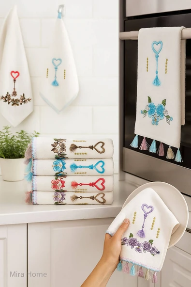 6 lı Kalp Çiçek Nakışlı Mutfak Havlusu Püsküllü Hediyelik Çeyizlik Kalpli Mutfak Havlu Takımı 30 x 50 Cm - 7