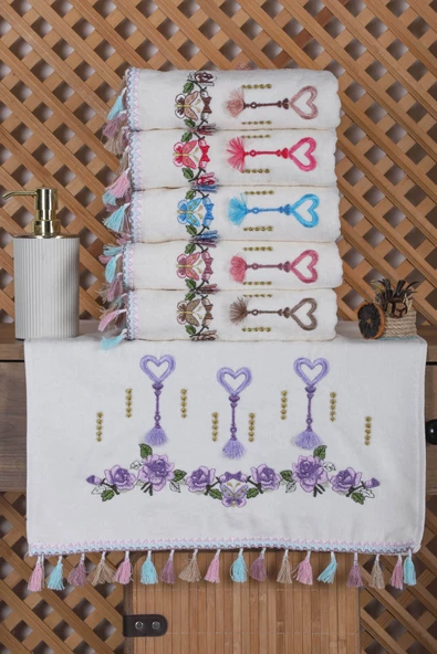 6 lı Kalp Çiçek Nakışlı Mutfak Havlusu Püsküllü Hediyelik Çeyizlik Kalpli Mutfak Havlu Takımı 30 x 50 Cm - 2