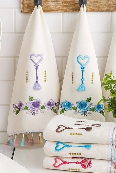 6 lı Kalp Çiçek Nakışlı Mutfak Havlusu Püsküllü Hediyelik Çeyizlik Kalpli Mutfak Havlu Takımı 30 x 50 Cm - 6