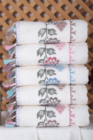 6 lı Kanaviçe Nakışlı Mutfak Havlusu Püsküllü Hediyelik Çeyizlik Çiçek Mutfak Havlu Takımı 30 x 50 Cm - 3