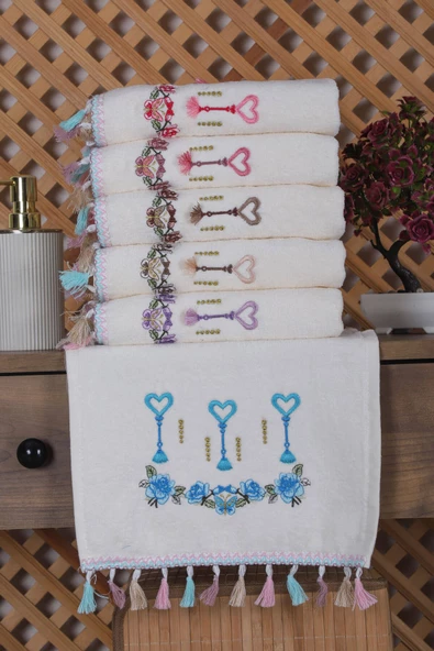 6 lı Kalp Çiçek Nakışlı El Yüz Havlu Seti Püsküllü Hediyelik Çeyizlik El Yüz Havlu Takımı 50 x 90 Cm - 2