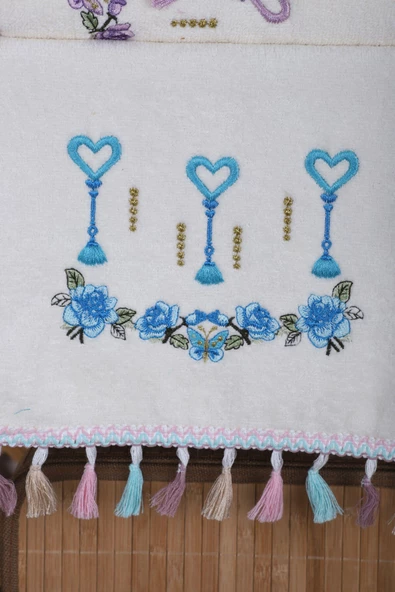 6 lı Kalp Çiçek Nakışlı El Yüz Havlu Seti Püsküllü Hediyelik Çeyizlik El Yüz Havlu Takımı 50 x 90 Cm - 4