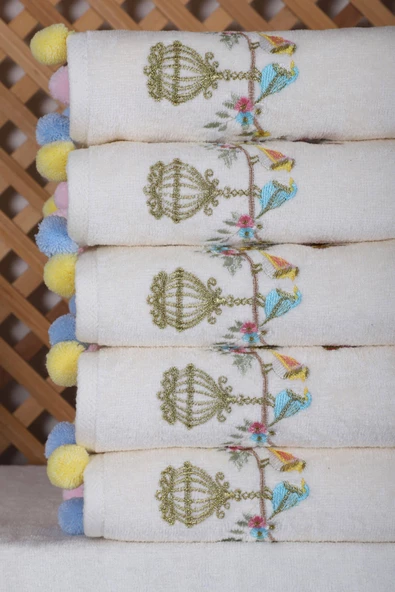 6 lı Kuş Nakışlı El Yüz Havlu Seti Ponponlu Hediyelik Çeyizlik El Yüz Havlu Takımı 50 x 90 Cm - 3