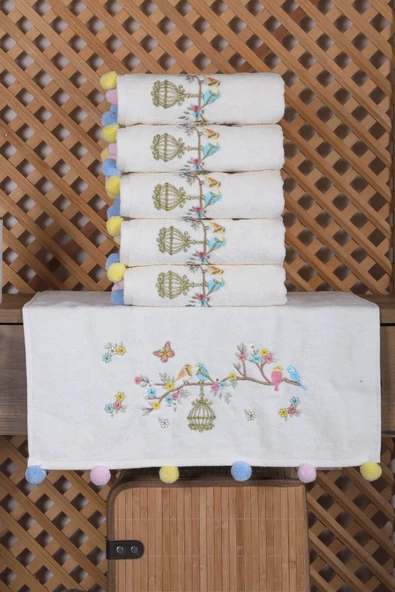 6 lı Kuş Nakışlı El Yüz Havlu Seti Ponponlu Hediyelik Çeyizlik El Yüz Havlu Takımı 50 x 90 Cm - 2