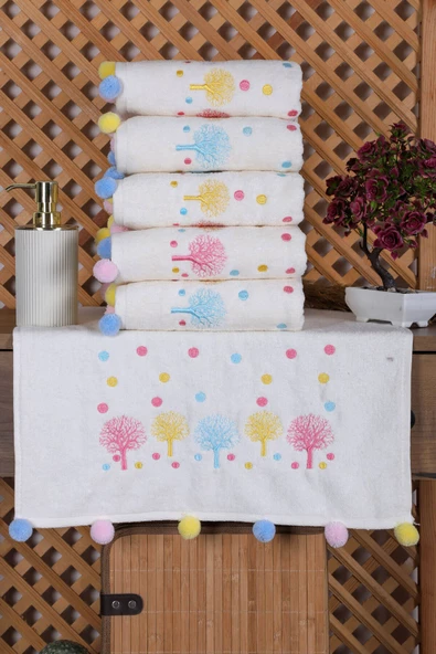 6 lı Renkli Ağaç Nakışlı El Yüz Havlu Seti Ponponlu Hediyelik Çeyizlik El Yüz Havlu Takımı 50 x 90 Cm - 2