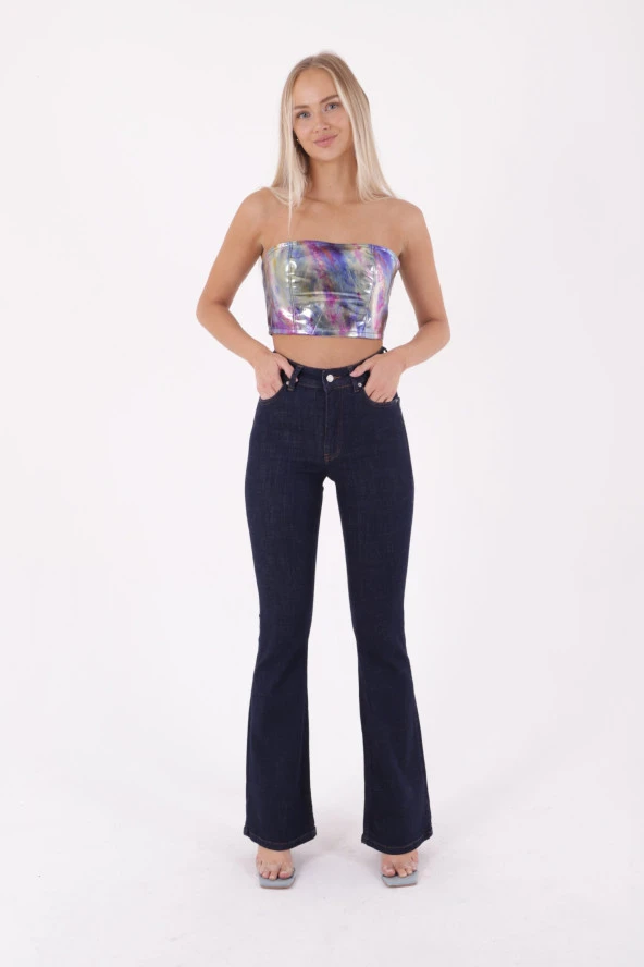 Ekstra Dar Kalıplı Orta Belli ve İspanyol Paçalı Skinny Jean Kadın Kot Pantolon Şantuklu Lacivert
