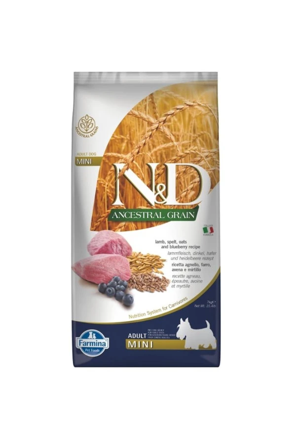 N&D Ancestral Grain Kuzu, K.Buğday, Yulaf & Yabanmersini Küçük Irk Yetişkin Köpek Maması 7 Kg