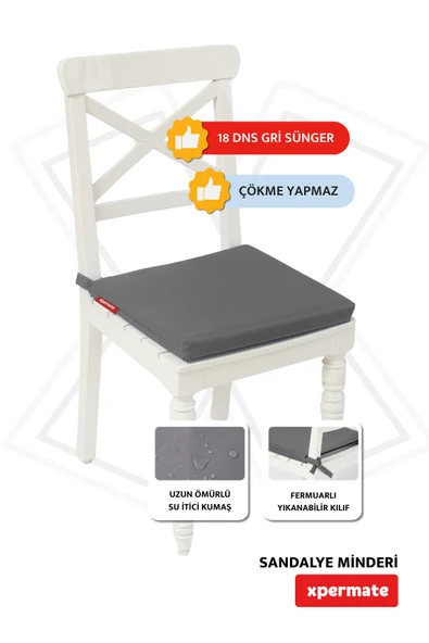XPERMATE Sandalye Minderi Su İtici, UV-Güneş Dayanımı 40x40x4 Cm Sünger, Fermuar, Bağcıklı Antrasit - 2