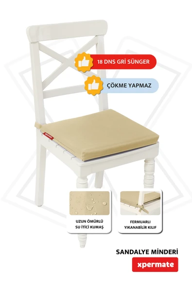 XPERMATE Sandalye Minderi Su İtici, UV-Güneş Dayanımı 40x40x4 Cm Sünger, Fermuar, Bağcıklı Bej - Resim 2