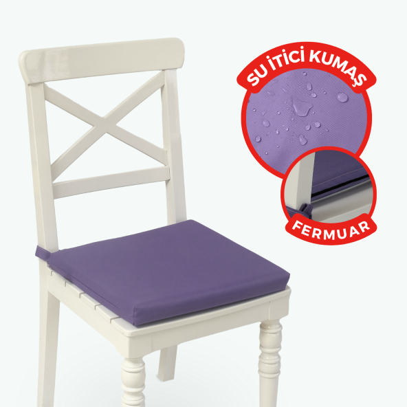 XPERMATE Fermuarlı Sandalye Minderi Su İtici Kumaş 40x40 cm Sünger Sandalye Minderi Bağcıklı Mor