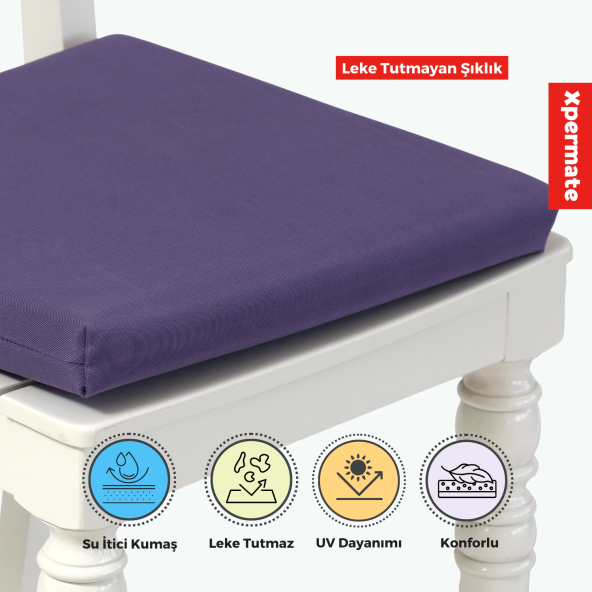 XPERMATE Sandalye Minderi Su İtici, UV-Güneş Dayanımı 40x40x4 Cm Sünger, Fermuar, Bağcıklı Mor - 2
