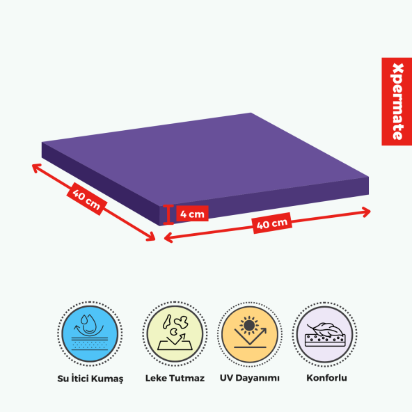 XPERMATE Sandalye Minderi Su İtici, UV-Güneş Dayanımı 40x40x4 Cm Sünger, Fermuar, Bağcıklı Mor - 4
