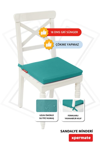XPERMATE Sandalye Minderi Su İtici, UV-Güneş Dayanımı 40x40x4 Cm Sünger, Fermuar, Bağcıklı Turkuaz - Resim 2