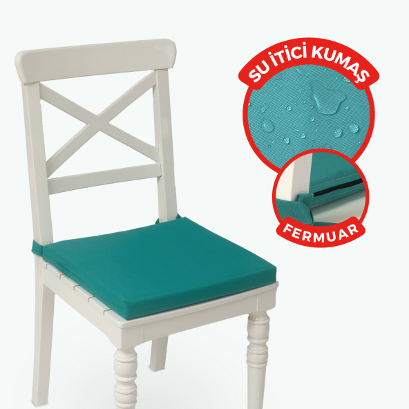 XPERMATE Sandalye Minderi Su İtici, UV-Güneş Dayanımı 40x40x4 Cm Sünger, Fermuar, Bağcıklı Turkuaz