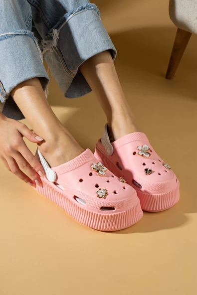 Pembe Potin Yüksek Taban Altın Tokalı Eva Comfort Kadın Sandalet DNZ225-24 - 2