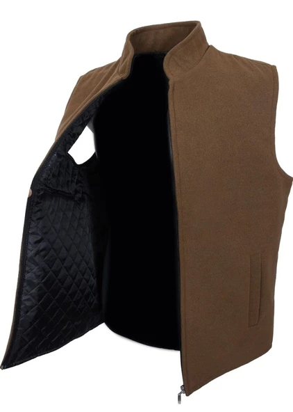 Kaşe Kumaş Fermuarlı Erkek Yelek Taba Renk - 11