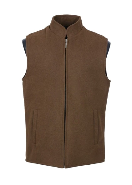 Kaşe Kumaş Fermuarlı Erkek Yelek Taba Renk - 10