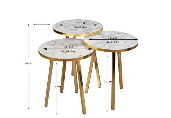 3 LÜ ZİGON SEHPA Vionessa Furniture ROUND COFFE TABLE METAL P20 LEGS COVE GOLD CARRERA
