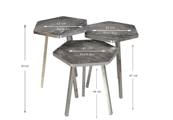 3 LÜ ZİGON SEHPA Vionessa Furniture HEXAGON COFFE TABLE METAL P20 LEGS COVE SILVER COS
