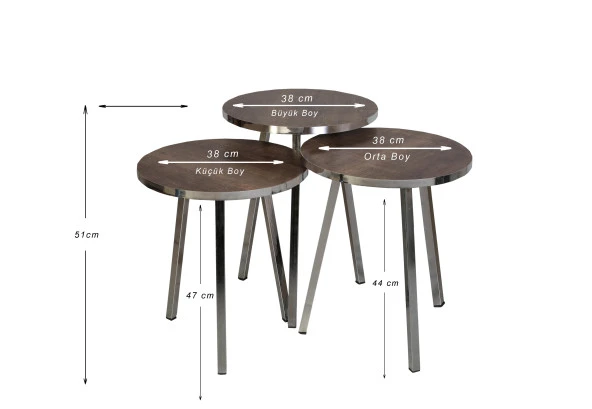 3 LÜ ZİGON SEHPA Vionessa Furniture ROUND COFFE TABLE METAL P20 LEGS COVE SILVER AFZEL