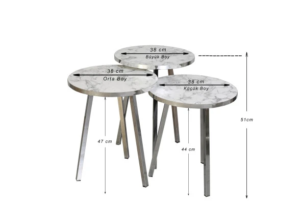 3 LÜ ZİGON SEHPA Vionessa Furniture ROUND COFFE TABLE METAL P20 LEGS COVE SILVER CARRE