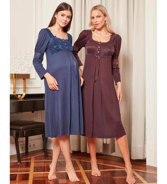 BirolGaye 4808 Mürdüm Hamile Lohusa Gecelik Sabahlık Tk - Resim 4