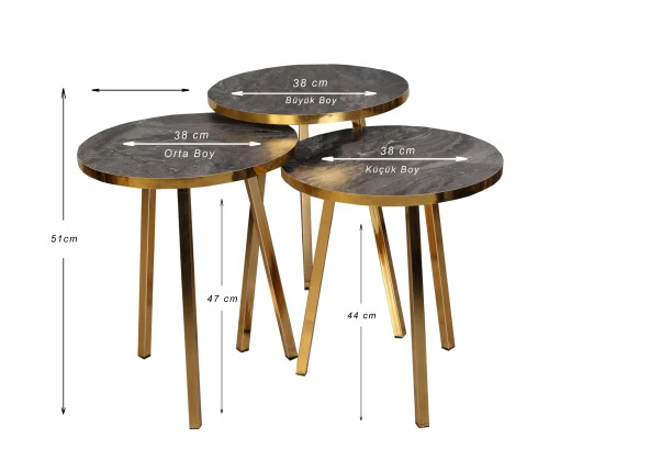 3 LÜ ZİGON SEHPA Vionessa Furniture ROUND COFFE TABLE METAL P20 LEGS COVE GOLD COSMOS