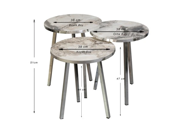 3 LÜ ZİGON SEHPA Vionessa Furniture ROUND COFFE TABLE METAL P20 LEGS COVE SILVER EFES