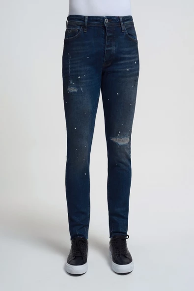 Loft 2033755 Mavi Erkek Ricardo Slim Fit Normal Bel Daralan Paça Yırtık Boya Detaylı Kot Pantolon