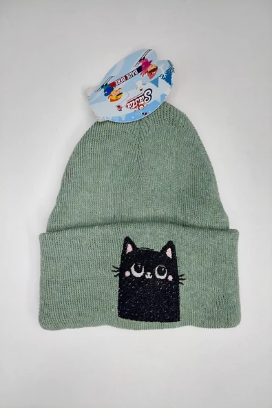 Hanece Kids Mint Yeşili Kedi Nakışlı Kız Çocuk Bere
