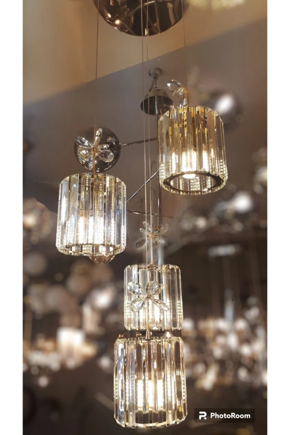 Luxury Premium Gold Dörtlü Sarkıt Lüks Kristal Taşlı Ledli Salon Ve Oda Sarkıt Avizes