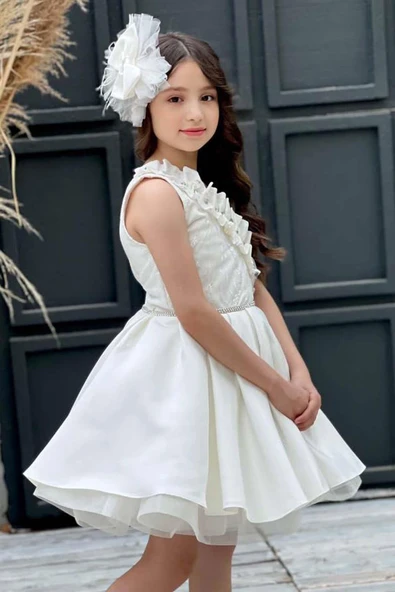 Kız Çocuk Tek Omuz Taş Detaylı Eteği Kabarık Beyaz Abiye - Resim 8