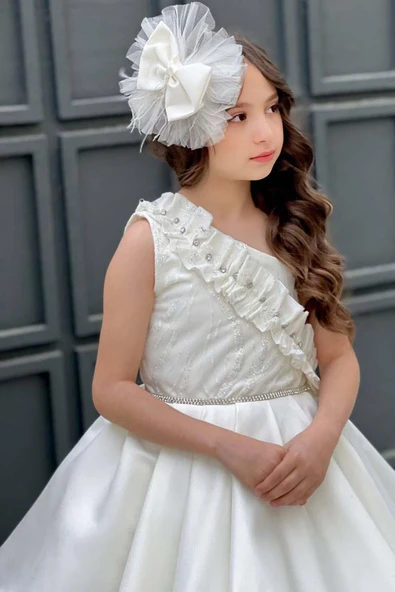 Kız Çocuk Tek Omuz Taş Detaylı Eteği Kabarık Beyaz Abiye - Resim 6