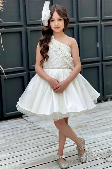 Kız Çocuk Tek Omuz Taş Detaylı Eteği Kabarık Beyaz Abiye - Resim 5