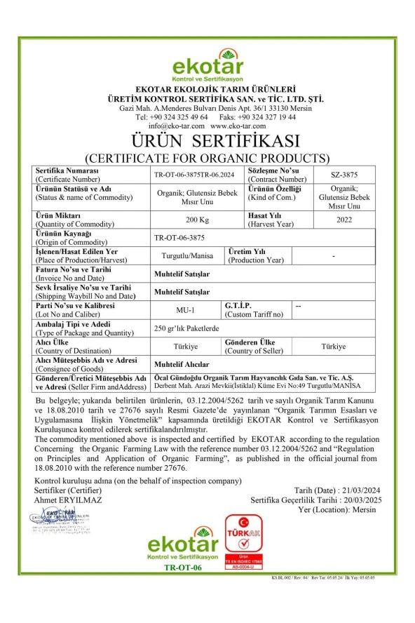 Organik Bebek Ek Gıda Alerjen Seti 6 Ay Glutensiz Mısır Unu 3 X 250 gr - 3