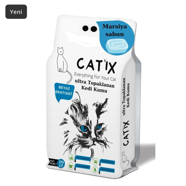 CATİX 20lt Beyaz Bentoint Marsilya Sabun Kokulu Ince Taneli Kedi Kumu Ultra Topaklanma