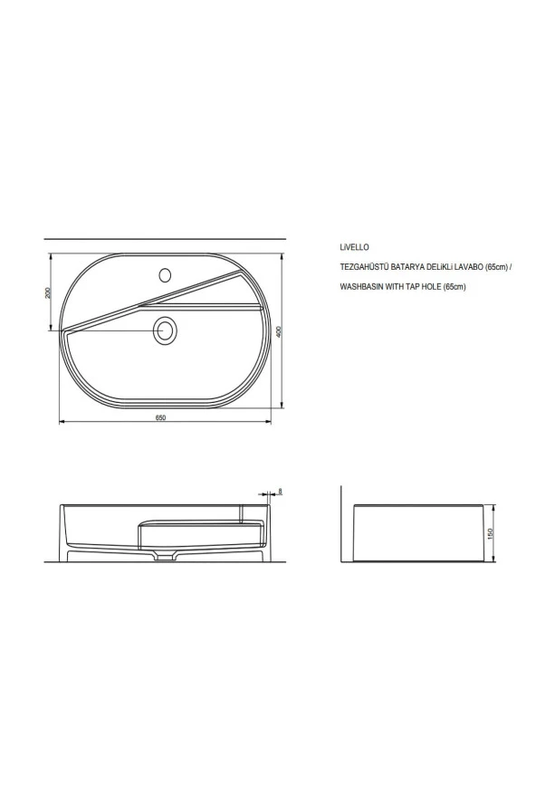 Livello Tezgahüstü Batarya Delikli Lavabo (65cm) - 2