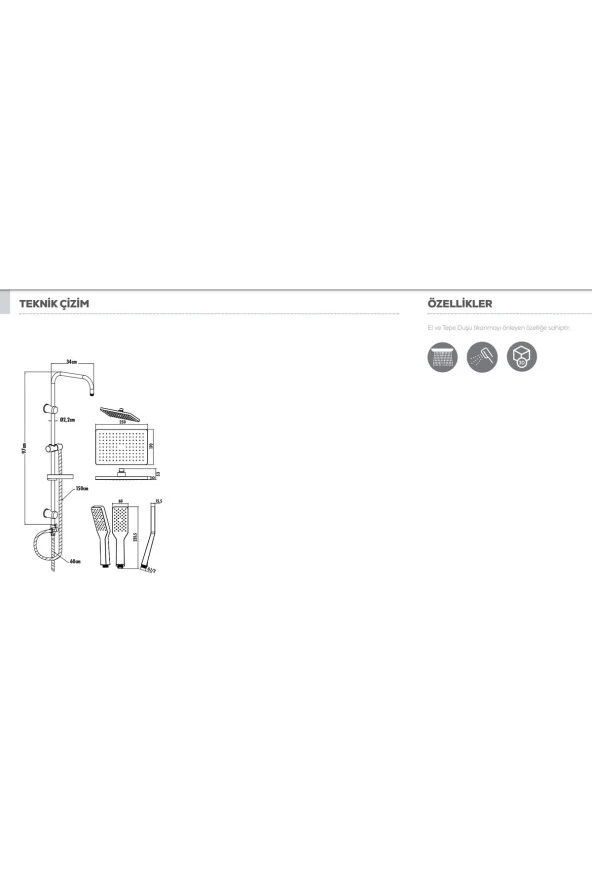 Creavit Creavit Kolon Duş Sistemi Tepe Duş Seti Robot Siyah Kare (Kendinden Temizleyici Kare) SH630SM - 2