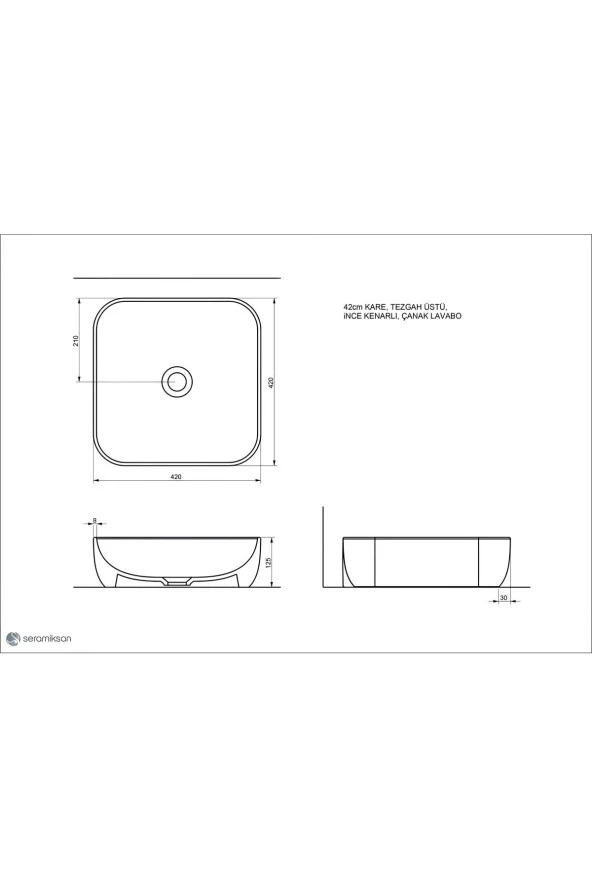 Seramiksan Form Tezgah Üstü Kare Lavabo 42 Cm - 2