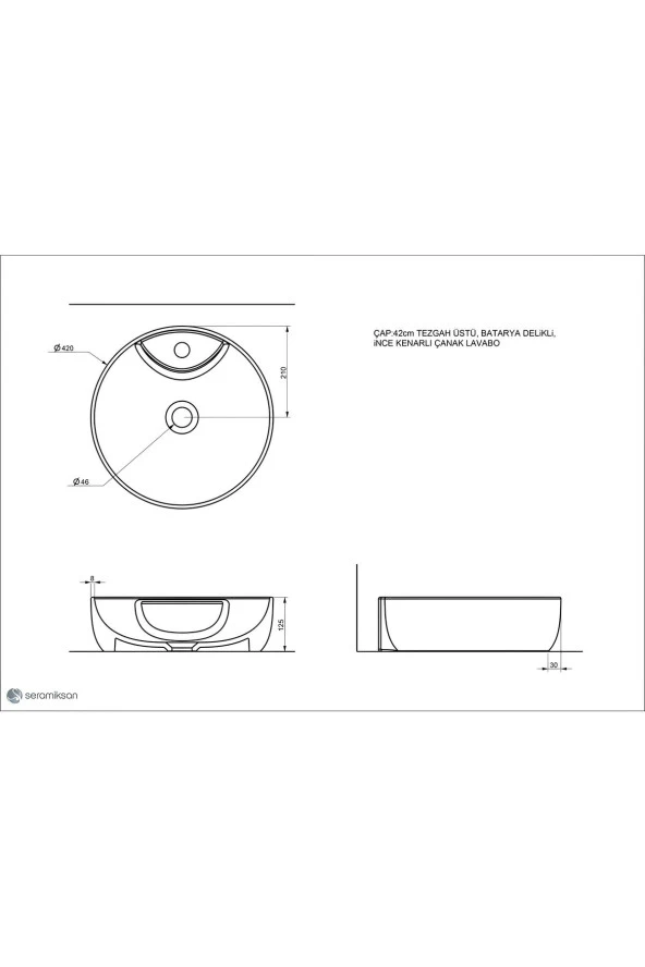 Seramiksan Sole 42 Cm Tezgah Üstü Lavabo Batarya Delikli - 2