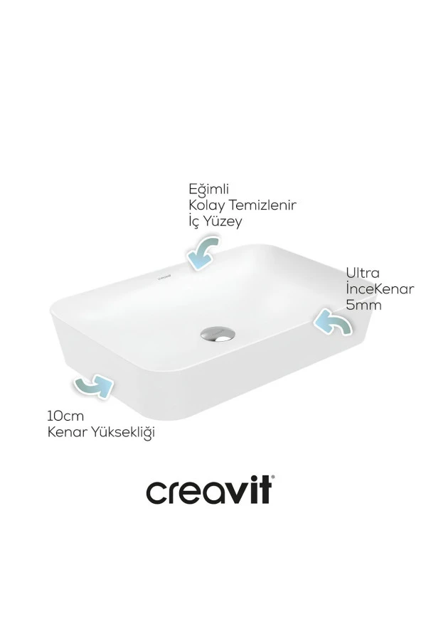 Creavit  Ultra Dikdörtgen Çanak Tipi Lavabo 60 Cm - Resim 5
