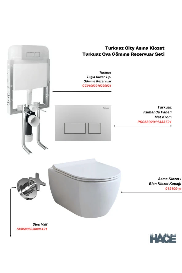 Turkuaz City Asma Kanalsız Klozet , Ova Gömme Rezervuar Seti