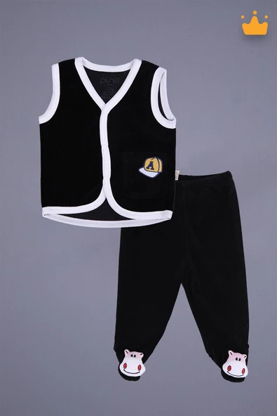 Babyhola Kadife Yelek Patikli Pantolon Unisex Bebek 2'li Set Siyah - 10
