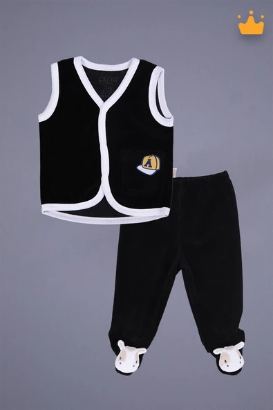 Babyhola Kadife Yelek Patikli Pantolon Unisex Bebek 2'li Set Siyah - 6