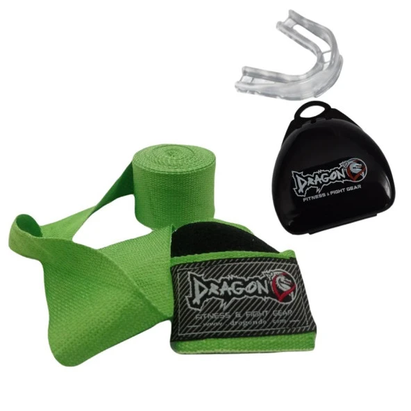 DragonDo 3,5 Metre Yeşil Boks Bandaj ve Şeffaf Dişlik Set Boks Seti