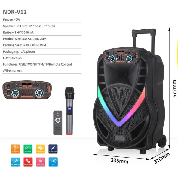 Torima NDR-V12 Siyah Mikrofonlu Kumandalı Rgb Ledli Taşınabilir Tekerlekli Bluetooth Hoparlör - 7