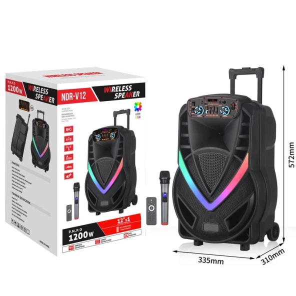Torima NDR-V12 Siyah Mikrofonlu Kumandalı Rgb Ledli Taşınabilir Tekerlekli Bluetooth Hoparlör - 8