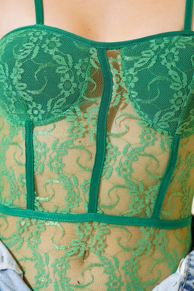 Dantelli Çıtçıtlı Body Yeşil - Resim 4