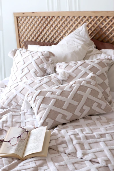 İskandinav Yatak Örtüsü Seti Çift Kişilik Set Bohem Punch Panç Desen Elda Bej - Resim 2